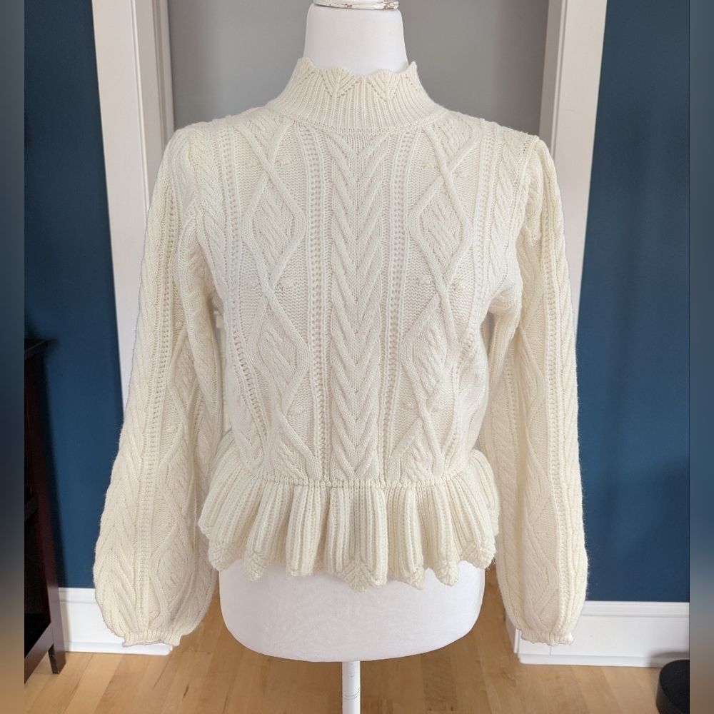 Peplum Cable Knit Whimsical Sweater Size M Cream Cottoagecore - Picture 3 of 14